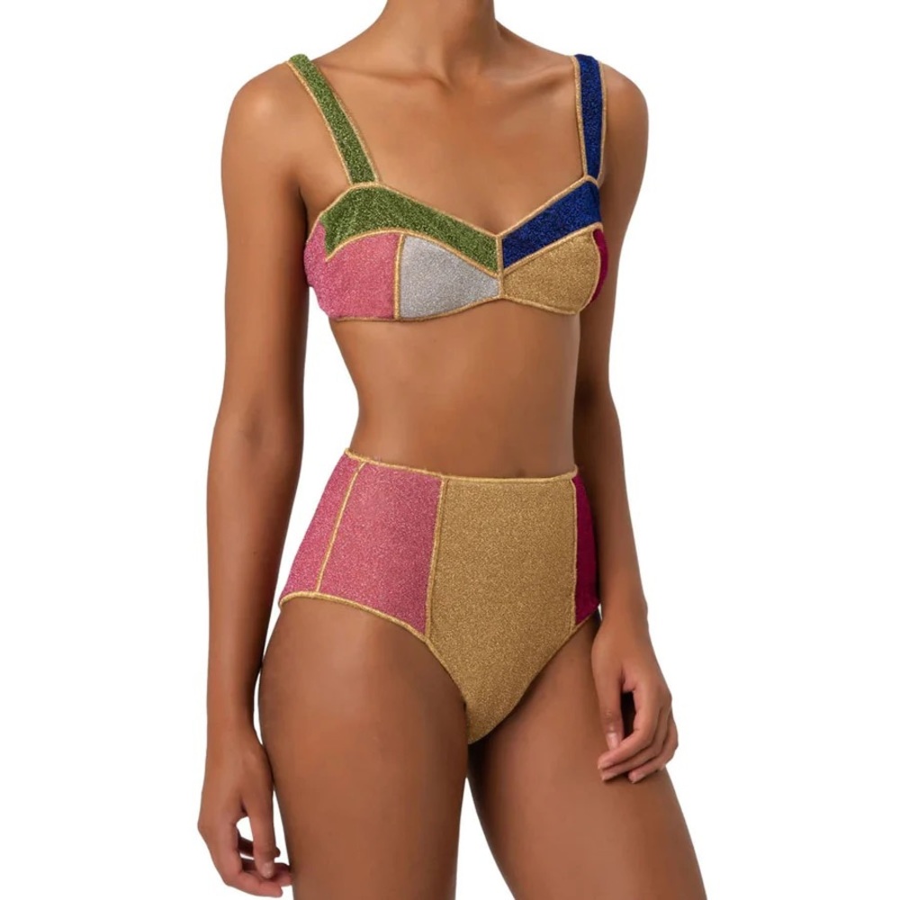 SHINY COLOR BLOCK HIGH WAIST BRALETTE BIKINI TWO PIECE